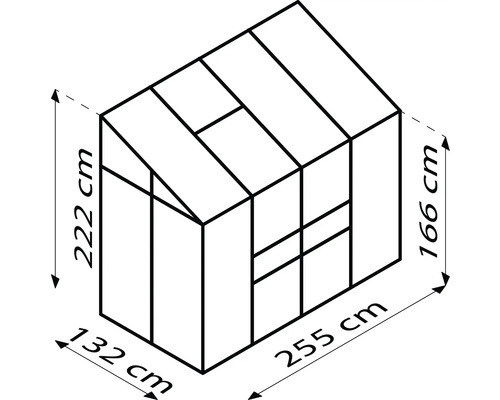 Technický nákres skleníka s rozmermi 222 cm výška, 132 cm šírka a 255 cm dĺžka