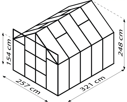 Schéma skleníka s rozmermi 257 cm x 321 cm x 248 cm