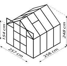 Technický nákres skleníka s rozmermi 257 krát 258 krát 248 centimetrov