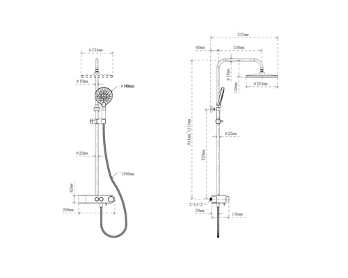 Technický nákres sprchovej súpravy s rozmermi