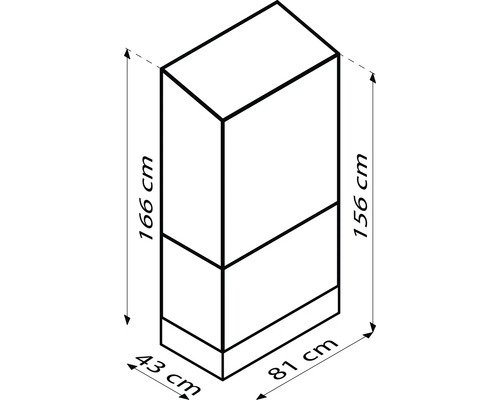 Ilustrácia skrine s rozmermi: výška 166 cm, šírka 81 cm, hĺbka 43 cm