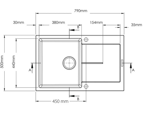 Výkres drezu s rozmermi: šírka 790 mm a hĺbka 500 mm.