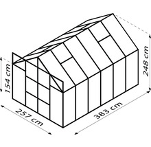 Obrázok skleníka s rozmermi 257 cm šírka, 383 cm dĺžka a 248 cm výška