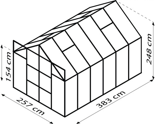 Ilustrácia skleníka s rozmermi 257 cm šírka, 383 cm dĺžka a 154 cm až 248 cm výška.