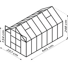 Technický výkres skleníka s rozmermi 257 x 445 x 248 centimetrov