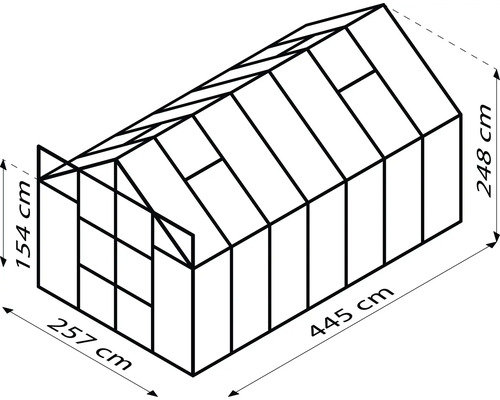 Technický výkres skleníka s rozmermi 257 x 445 x 248 centimetrov