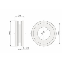 Technický výkres prsteňa s rozmermi 60 mm vonkajší priemer, 30 mm vnútorný priemer, 21,5 mm šírka a 8 až 12,7 mm hĺbka.