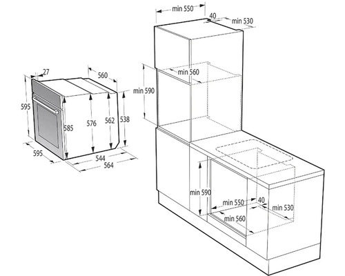 Rozmerový nákres vstavanej rúry a zodpovedajúcich kuchynských skriniek s rozmermi