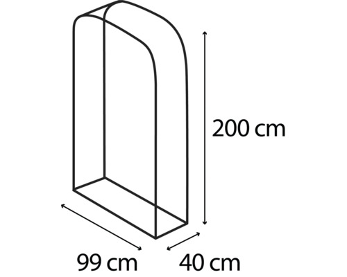 Rozmery obalu na vešiak s výškou 200 cm, šírkou 99 cm a hĺbkou 40 cm