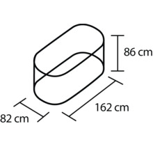 Schématické znázornenie vaňovej zástery s rozmermi 162 cm dĺžka, 82 cm šírka a 86 cm výška.