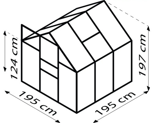 Nákres skleníka s rozmermi: výška 124 cm vpredu, výška 197 cm vzadu a šírka 195 cm.