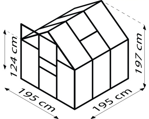 Rozmery skleníka: šírka 195 cm, výška 197 cm, bočná výška 124 cm