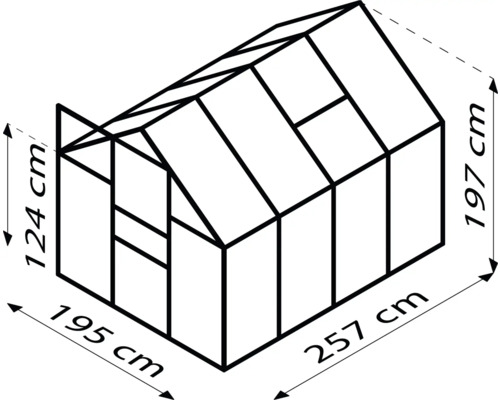 Nákres skleníka s rozmermi: výška vpredu 124 cm, výška vzadu 197 cm, šírka 195 cm a dĺžka 257 cm