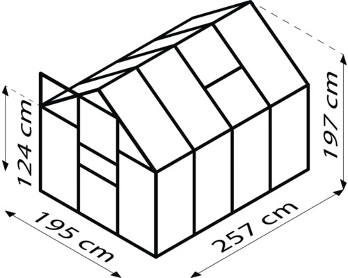 Nákres skleníka s rozmermi: výška 197 cm, šírka 257 cm, bočná výška 124 cm, hĺbka 195 cm.