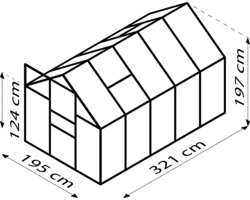 Obrázok skleníka s rozmermi: 124 cm výška vpredu, 197 cm výška vzadu, 195 cm hĺbka a 321 cm šírka.