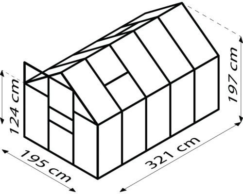 Obrázok skleníka s rozmermi 124 cm výška, 195 cm šírka a 321 cm dĺžka.