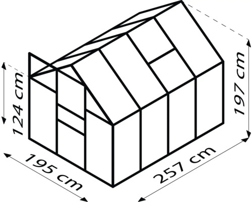 Schéma skleníka s rozmermi 257 cm dĺžka, 195 cm šírka a 197 cm výška