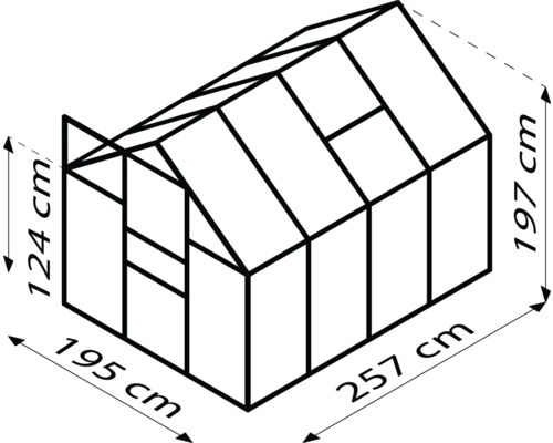 Rozmery skleníka: 195 krát 257 krát 197/124 centimetrov