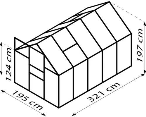 Schéma skleníka s rozmermi 321 cm dĺžka, 195 cm šírka a 197 cm výška.