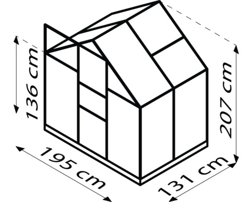 Nákres skleníka s rozmermi: výška 136 cm vpredu, výška 207 cm vzadu, šírka 195 cm a hĺbka 131 cm