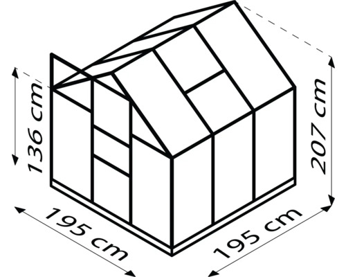 Ilustrácia skleníka s rozmermi: výška 207 cm, dĺžka strany 195 cm, výška prednej strany 136 cm.