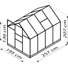 Rozmery skleníka: 136 centimetrov výška vpredu, 207 centimetrov výška vzadu, 195 centimetrov šírka a 257 centimetrov dĺžka.