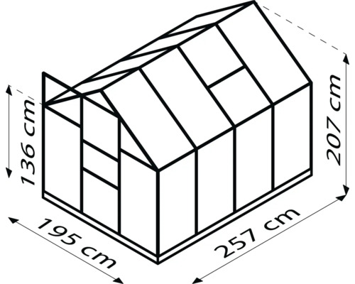 Nákres skleníka s rozmermi 257 x 195 x 207 centimetrov