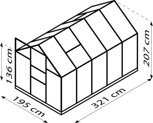 Nákres skleníka s rozmermi 195 krát 321 krát 207 centimetrov.
