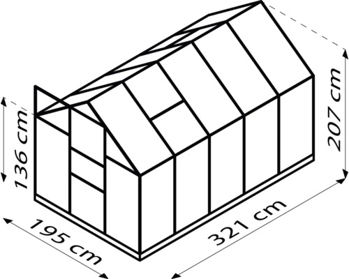 Technický nákres skleníka s rozmermi.