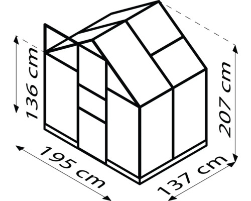 Nákres skleníka s rozmermi: výška strany 136 cm, celková výška 207 cm, šírka 195 cm, hĺbka 137 cm