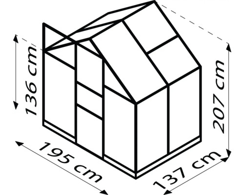 Obrázok skleníka s rozmermi 136 cm výška, 195 cm šírka, 207 cm výška a 137 cm hĺbka.