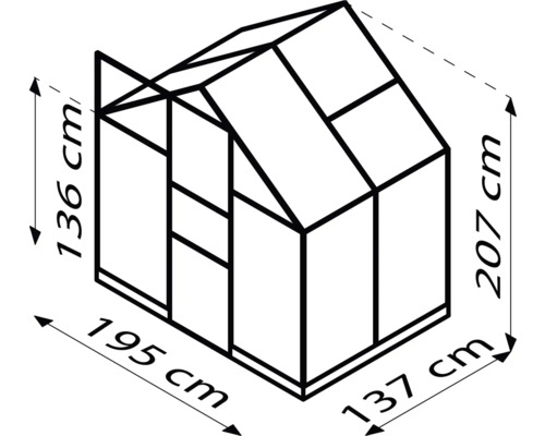 Technický nákres skleníka s rozmermi 136 cm, 195 cm, 207 cm a 137 cm.