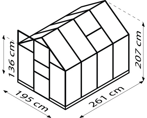 Rozmery skleníka: dĺžka 261 cm, šírka 195 cm, výška 207 cm, výška strany 136 cm