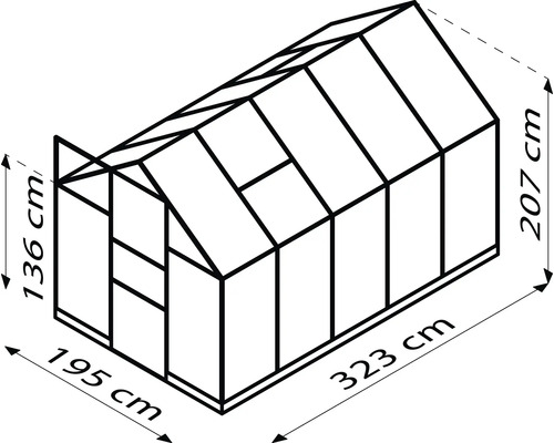 Ilustrácia skleníka s rozmermi 195 cm x 323 cm x 207 cm