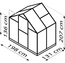 Nákres skleníka s rozmermi: 136 cm, 198 cm, 131 cm a 207 cm