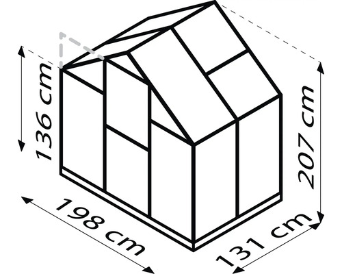 Nákres skleníka s rozmermi: 136 cm, 198 cm, 131 cm a 207 cm