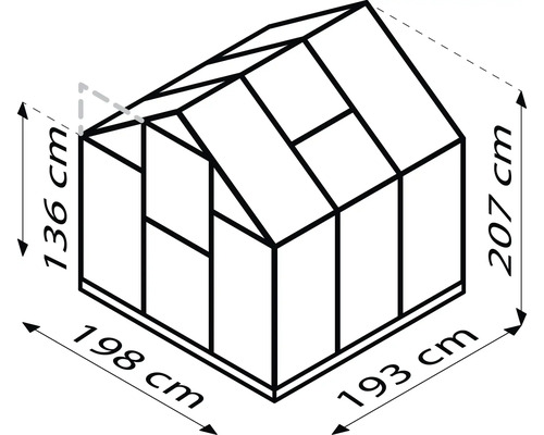 Obrázok skleníka s rozmermi 136 cm výška, 198 cm šírka a 193 cm hĺbka