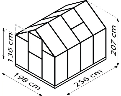 Schéma skleníka s rozmermi 198 cm šírka, 256 cm hĺbka a 207 cm výška