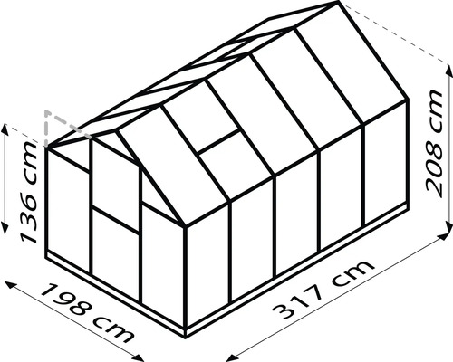 Nákres skleníka s rozmermi: výška vpredu 136 cm, výška vzadu 208 cm, šírka 198 cm, dĺžka 317 cm.