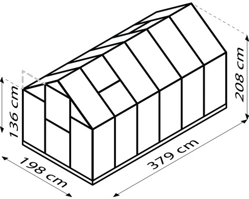 Obrázok skleníka s rozmermi 136 x 198 x 208 x 379 centimetrov