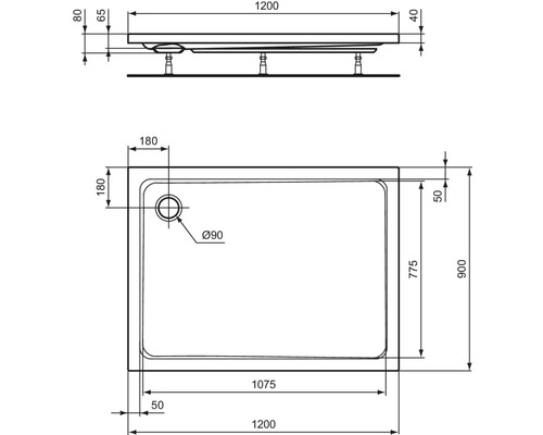 Technický nákres sprchovej vaničky s rozmermi