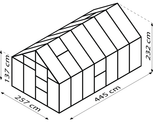 Ilustrácia skleníka s rozmermi 257 cm x 445 cm x 232 cm
