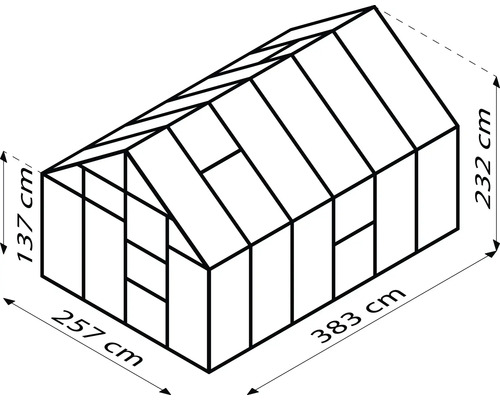 Obrázok skleníka s rozmermi: šírka 257 cm, dĺžka 383 cm a výška 232 cm.