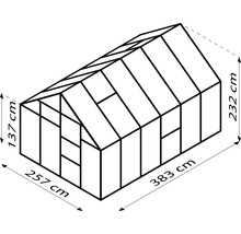 Technický nákres skleníka s rozmermi: výška vpredu 137 cm, výška vzadu 232 cm, šírka 257 cm a dĺžka 383 cm.