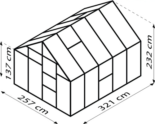 Obrázok skleníka s rozmermi 257 cm šírky, 321 cm dĺžky a 232 cm výšky
