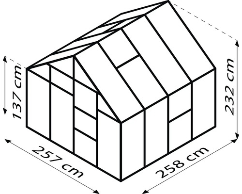 Schéma skleníka s rozmermi: výška 137 cm, dĺžka 257 cm, výška 232 cm a dĺžka 258 cm