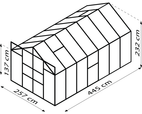 Obrázok skleníka s rozmermi 257 cm x 445 cm x 232 cm