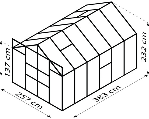 Schéma skleníka s rozmermi 383, 257 a 232 krát 137 centimetrov.