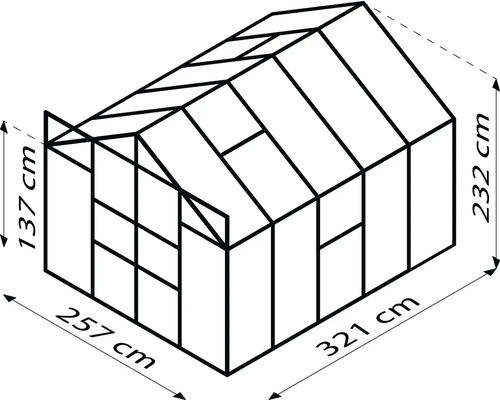 Ilustrácia skleníka s rozmermi 257 cm šírka, 321 cm dĺžka a 232 cm výška