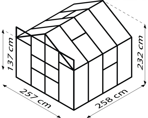 Rozmery skleníka: šírka 257 cm, hĺbka 258 cm a výška 232 cm.